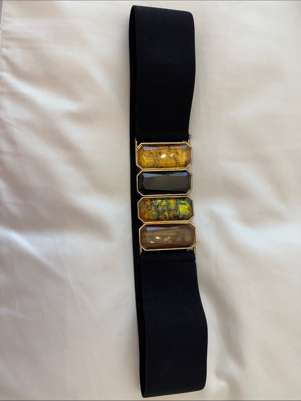 Black Elastic Waist Belt with Four Faceted Gem Plaques